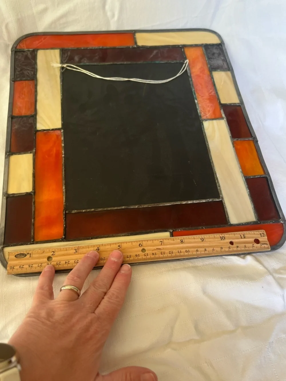 Stained Glass Framed Wall Mirror in Amber, Cream, and Burgundy